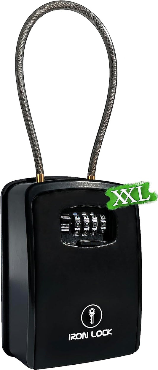 ® XXL Key Lock Box Portable and Wall Mounted with Removable Cable Shackle Waterproof Indoor Outdoor 4 Digit Combination with Resettable Code with a B Switch Extra Large Key Lockbox Outside