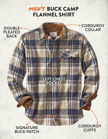 "Men's Buck Camp Flannel: Long Sleeve Plaid Button-Down Casual Shirt with Corduroy Cuffs"