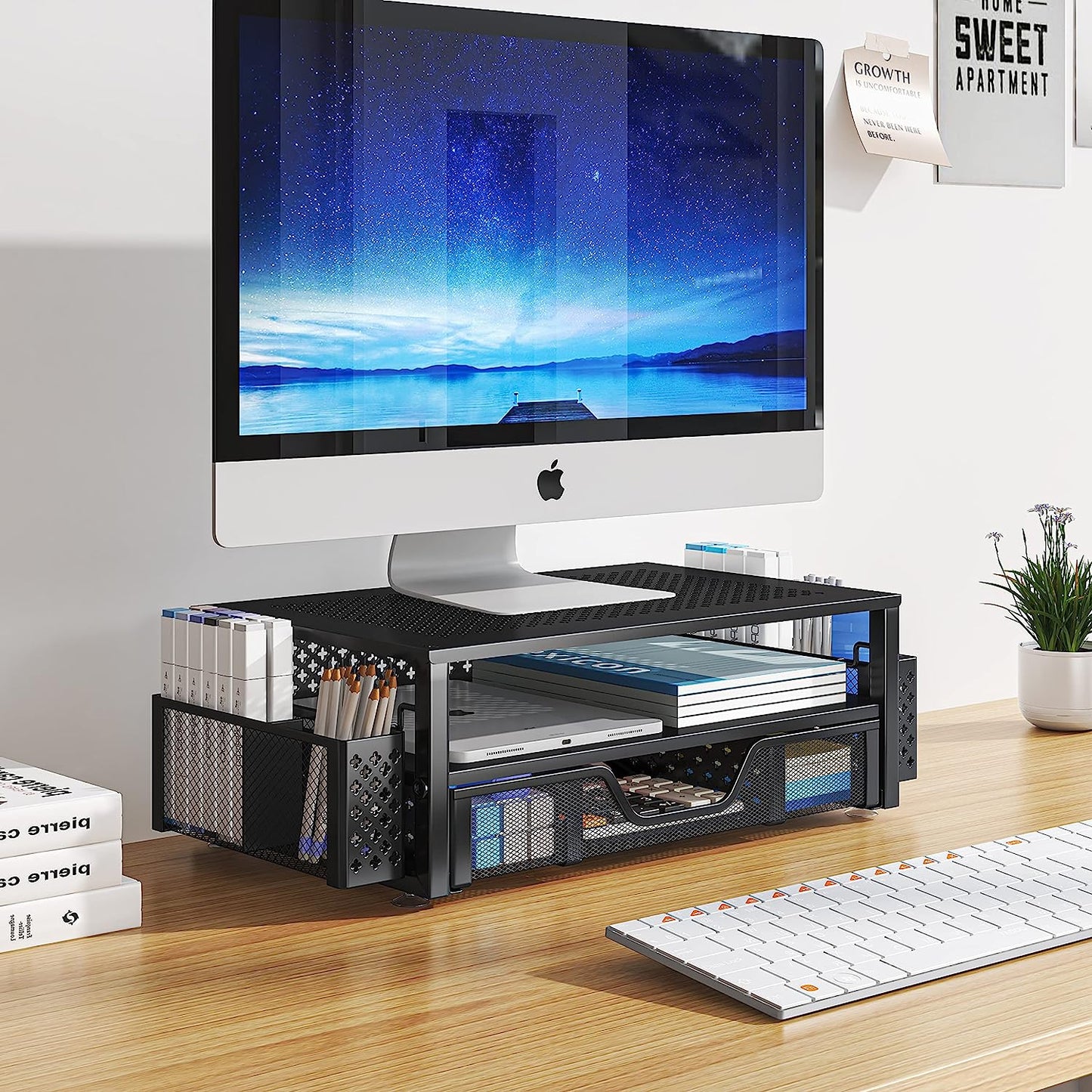 2 Tier Metal Monitor Stand Monitor Riser and Computer Desk Organizer with Drawer and Pen Holder for Laptop, Computer, Imac, Black