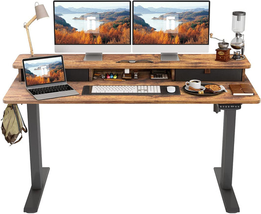 55"X24" Height Adjustable Electric Standing Desk with Double Drawer, 55 X 24 Inch Stand up Table with Storage Shelf, Sit Stand Desk with Splice Board, Black Frame/Rustic Brown Top
